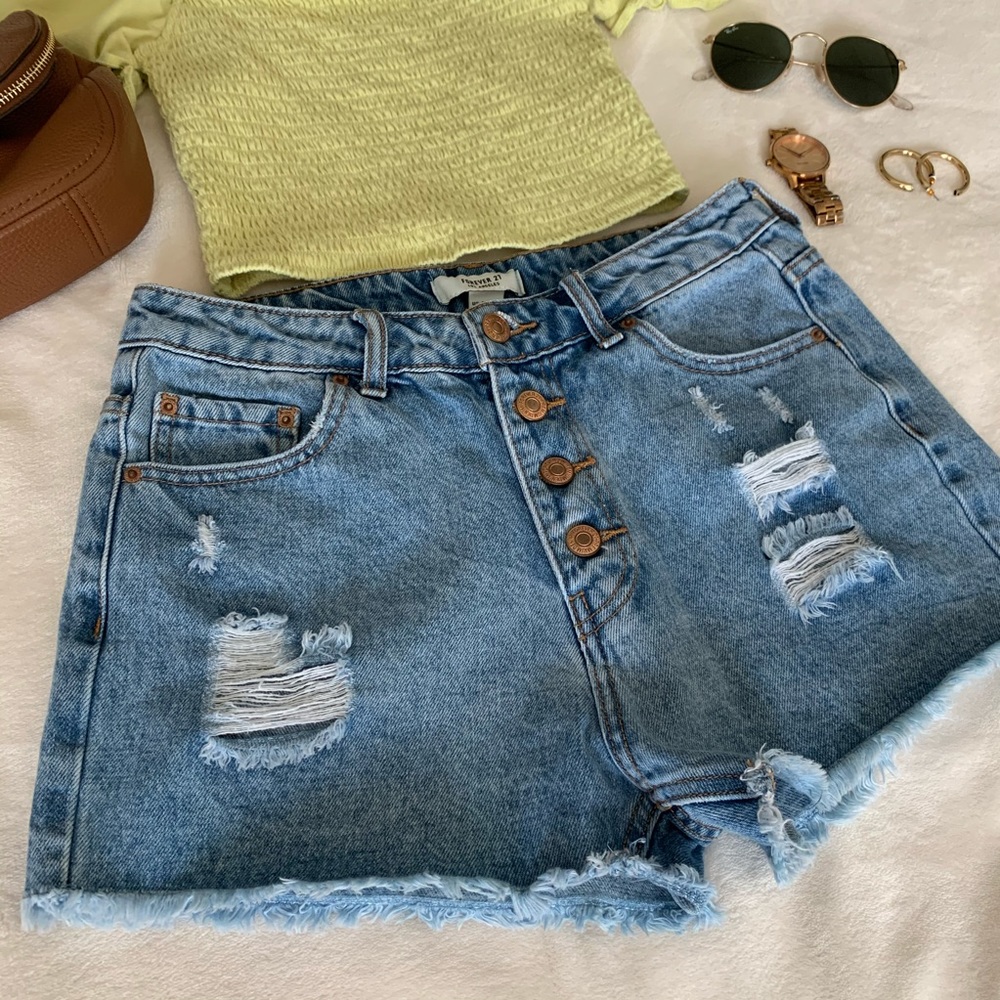 Vintage Button High-Rise Distressed Denim Short